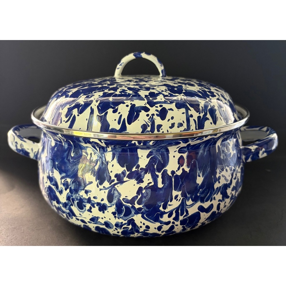 Golden Rabbit Cobalt Blue Swirl Enamelware Dutch Oven with Lid 4 Quart 8.5 Inch